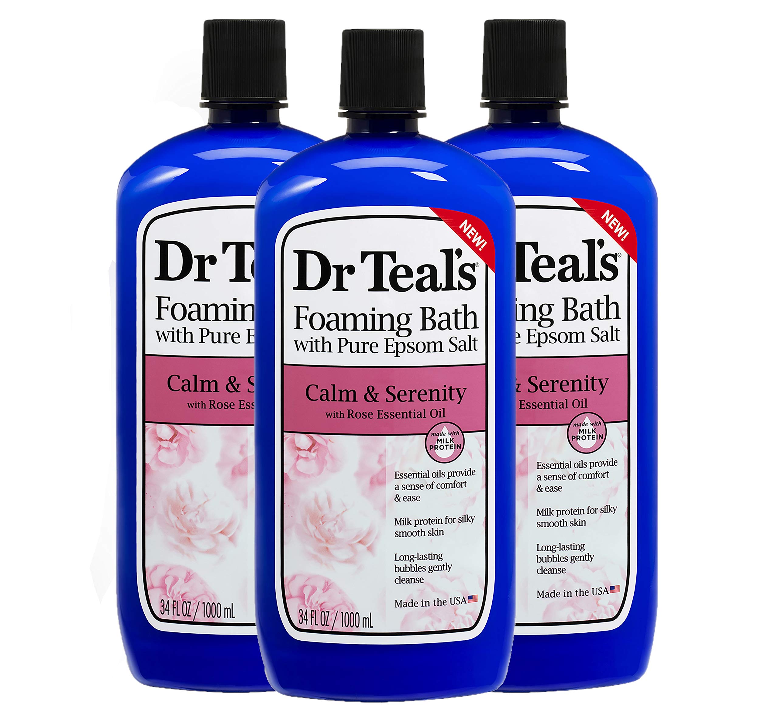 Dr. Teal's Calm & Serenity Pure Epsom Salt Foaming Bath Gift Set (3 Pack, 34 oz ea.) - Rose Essential Oils & Milk Protein Provide Stress Relief & Silky Smooth Skin - Long Lasting Bubbles Nourish Skin